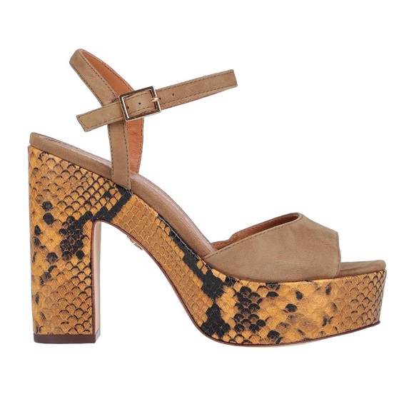 NEW TORY BURCH Platform Snakeskin Print Suede Leather Sandal Gold Buckle US 9 - Picture 3 of 6